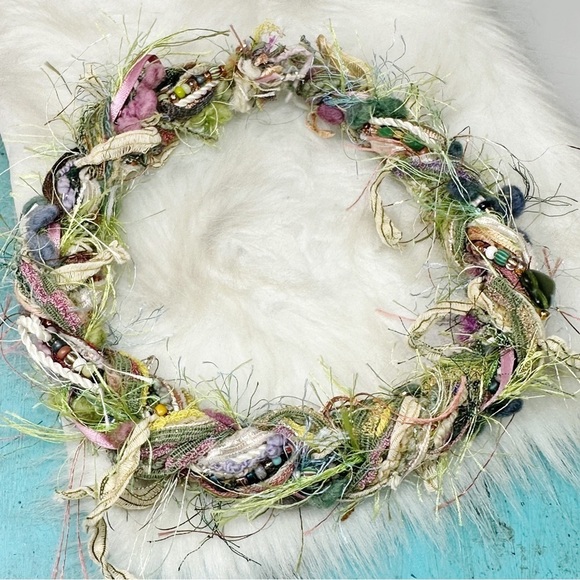 Green Pink Woven Fiber Beaded Necklace Textile Fiber Art Seed Beads Statement - Picture 11 of 12